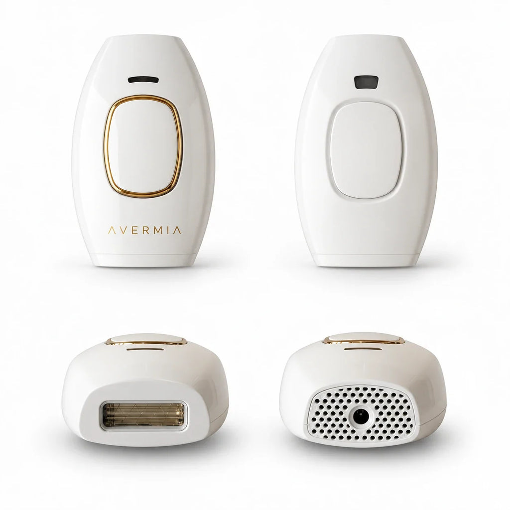 AVERMIA IPL — concept render showing front, rear, and end views of the handset.
