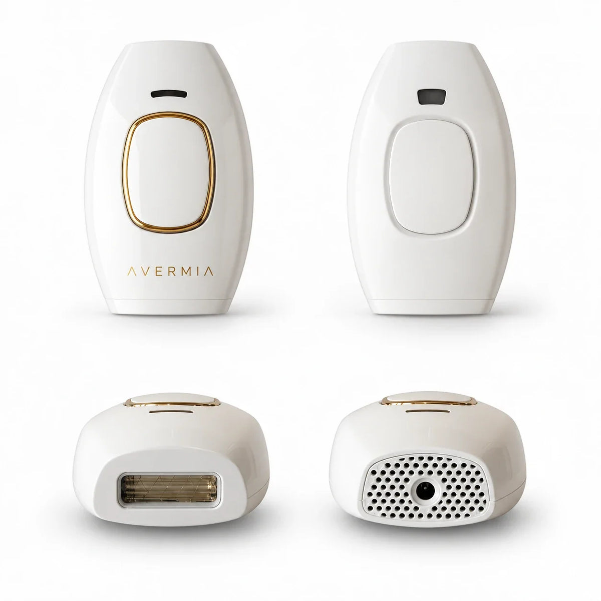 AVERMIA IPL — concept render showing front, rear, and end views of the handset.